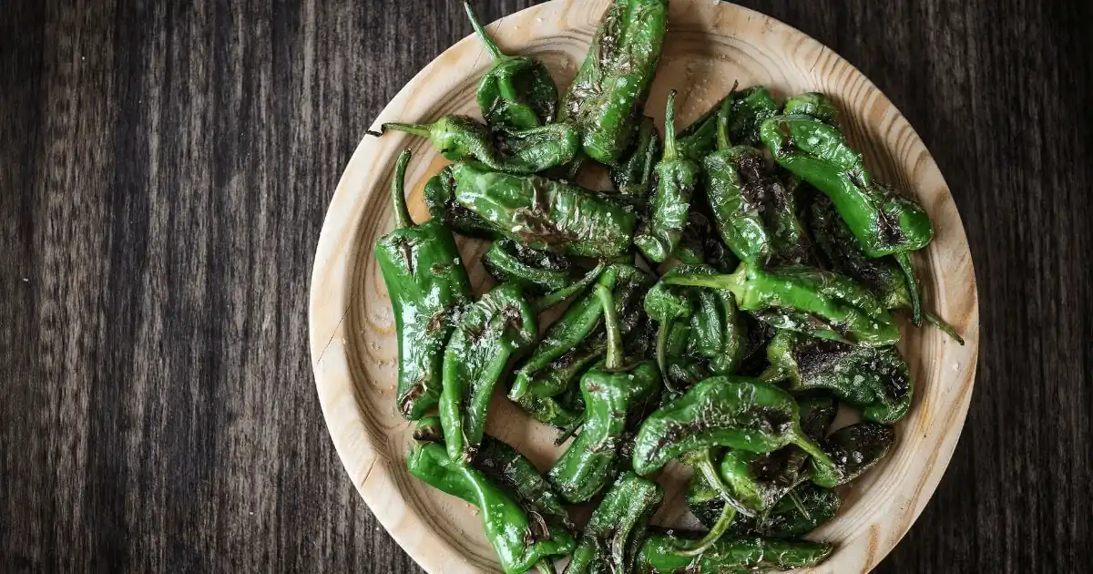 Bratpaprika Rezept – frisch gebratene Pimientos de Padrón mit grobem Meersalz in der Pfanne