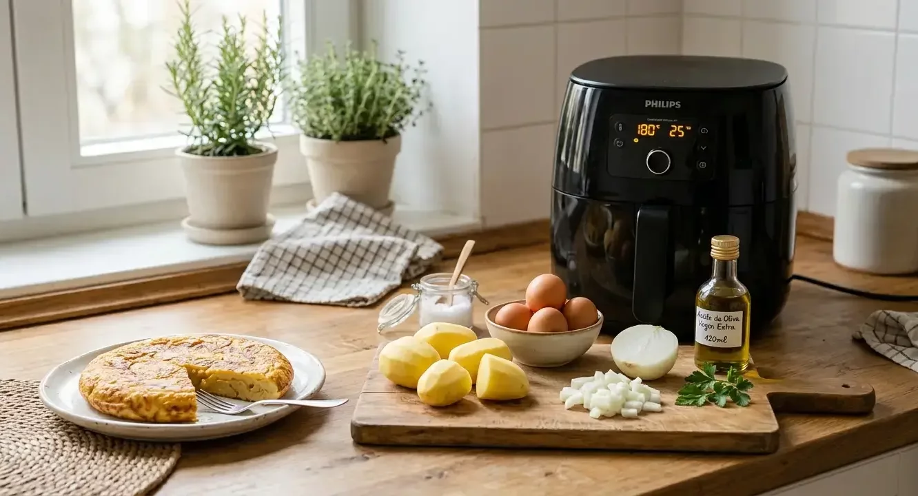 spanische Tortilla de Patatas Airfryer - Frische Zwiebeln, Kartoffeln, Eier und Olivenöl – die gesunden Hauptzutaten für das gesundes Tortilla de Patata Rezept
