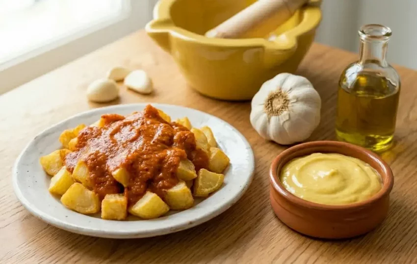 Selbstgemachter Alioli neben Patatas Bravas – klassische spanische Tapas-Kombination