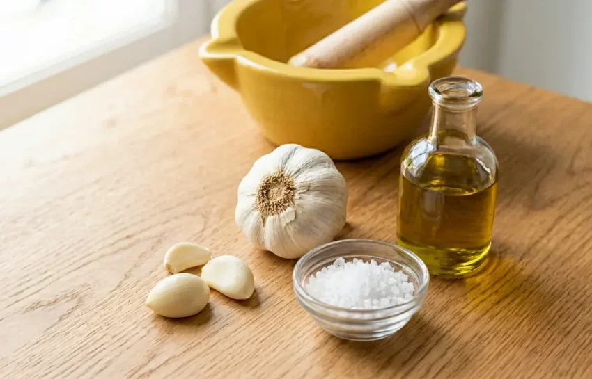Alioli Zutaten: nur Knoblauch, Olivenöl extra vergine und grobes Salz