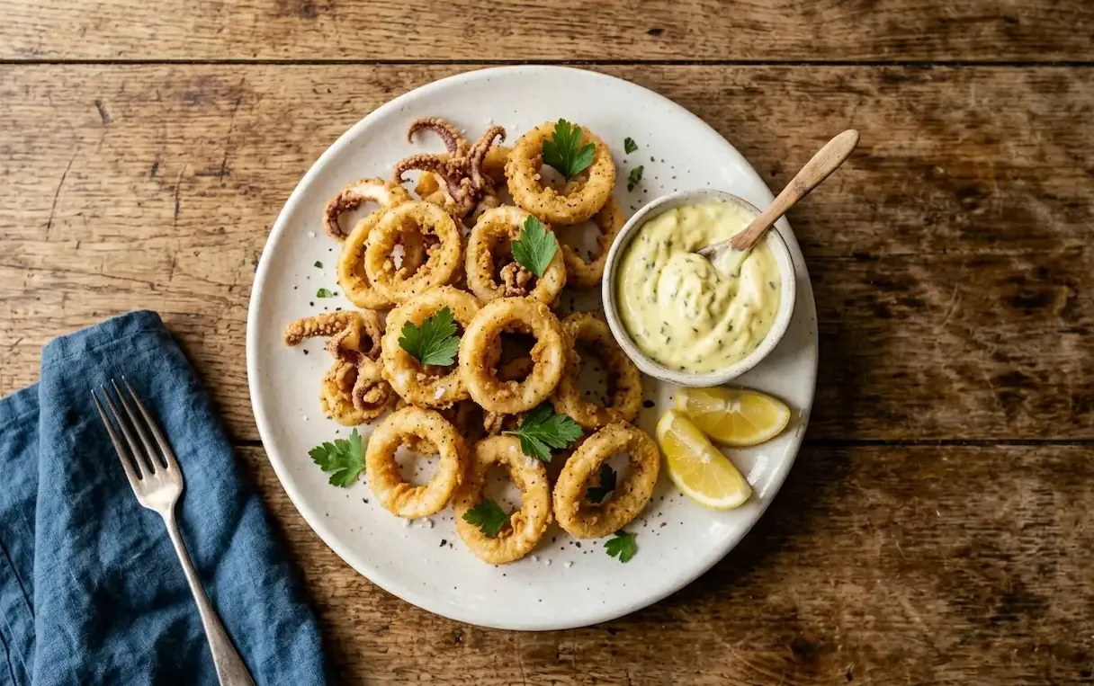 Calamaris Rezept – knusprig frittierte Calamares a la Romana mit Zitrone und Alioli
