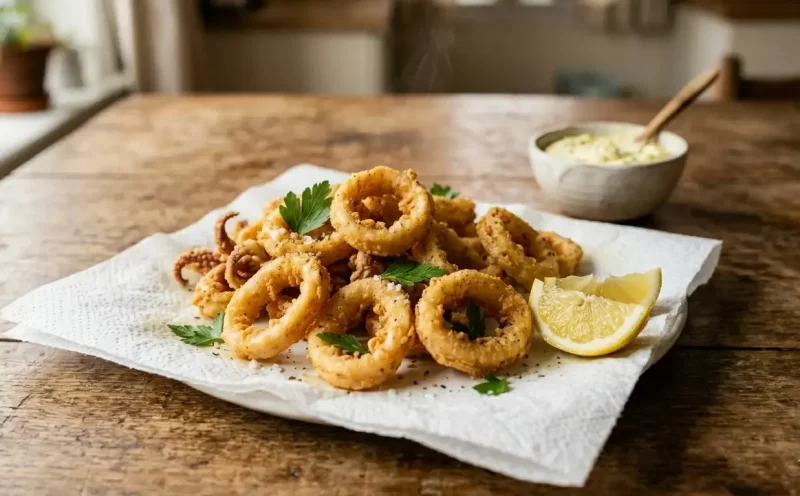 Frisch frittierte Calamaris auf Küchenpapier – knusprig und goldbraun