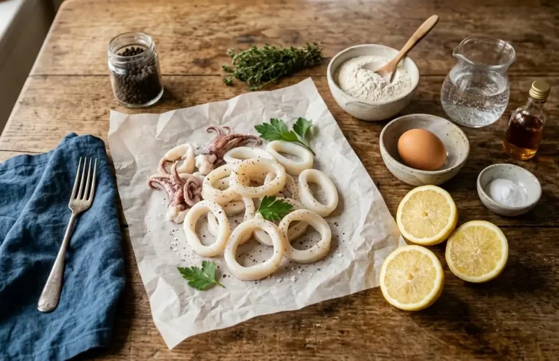 Zutaten für Calamaris Rezept – frische Tintenfischringe, Mehl, Ei und Zitrone