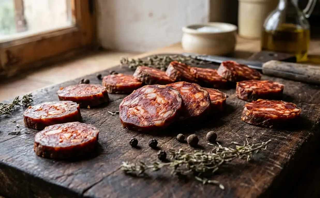Chorizo spanische Rohwurst aufgeschnitten auf Holzbrett mit Pimentón