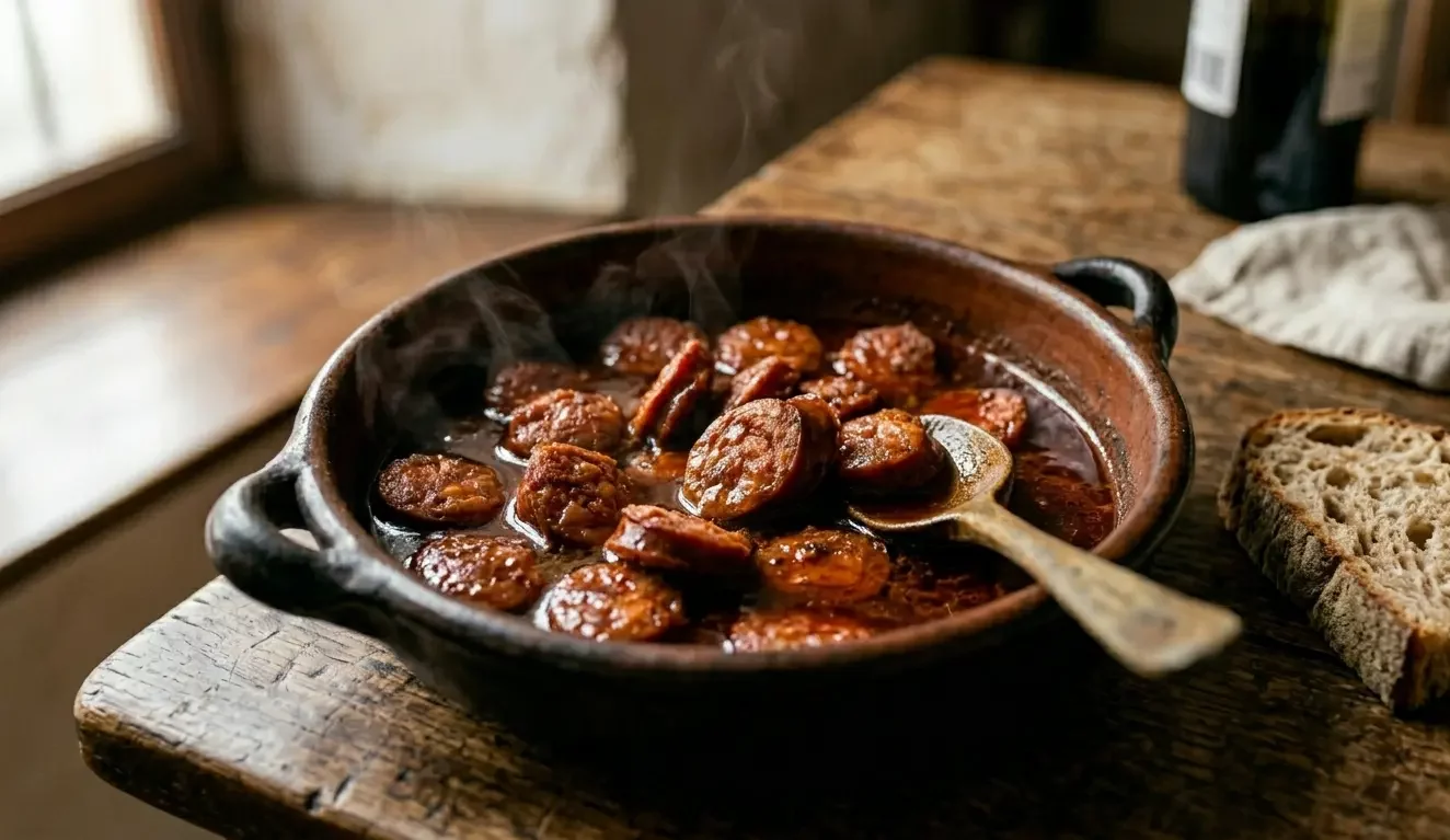 Chorizo Tapas Rezept – Chorizo al Vino in Rotwein geschmort in einer Tonkasserolle