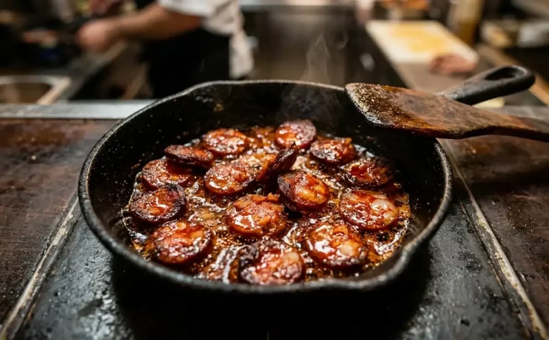 Chorizo Wurst in der Pfanne gebraten – spanische Tapas mit Pimentón