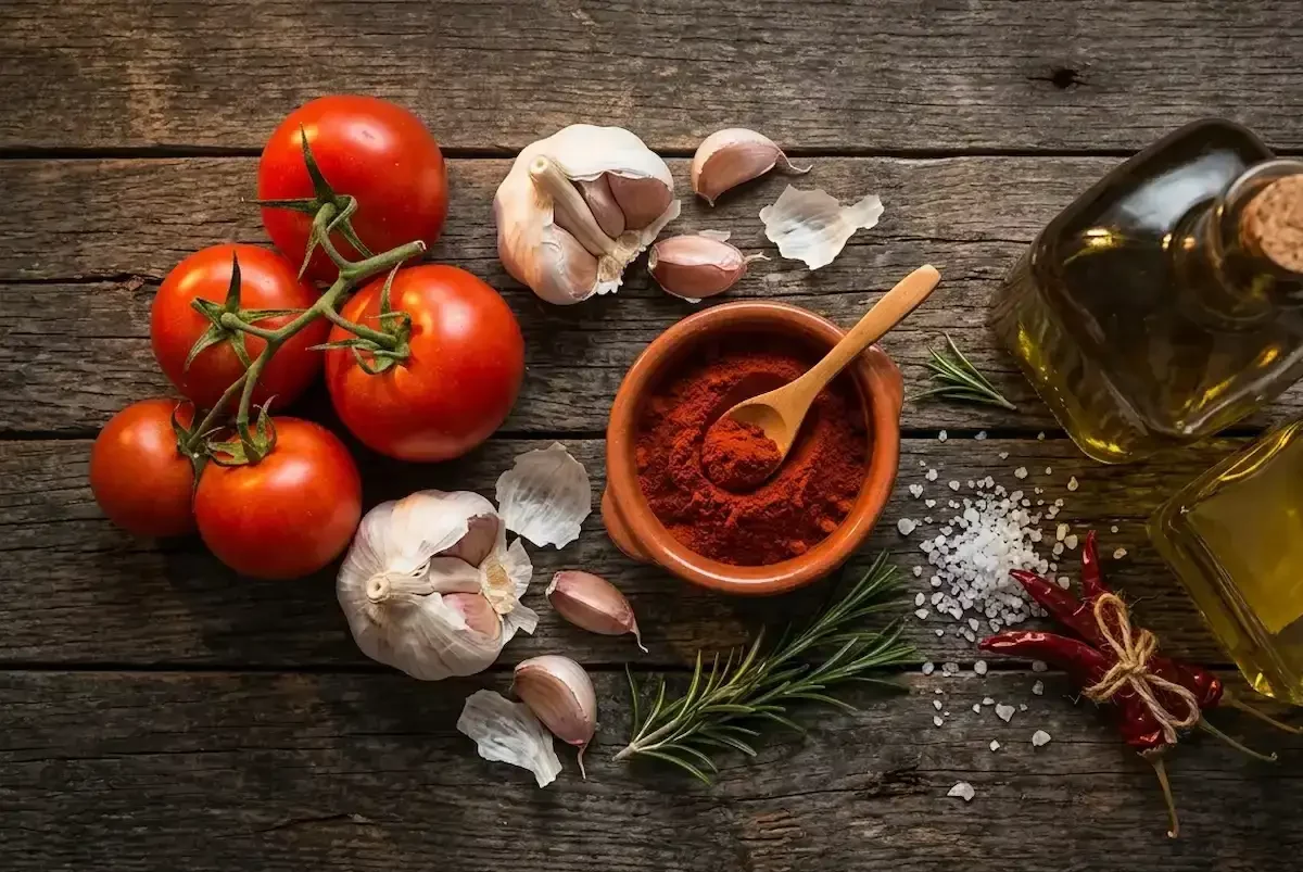 Spanische Zutaten — Tomaten, Knoblauch, Pimentón und Olivenöl auf rustikalem Holz