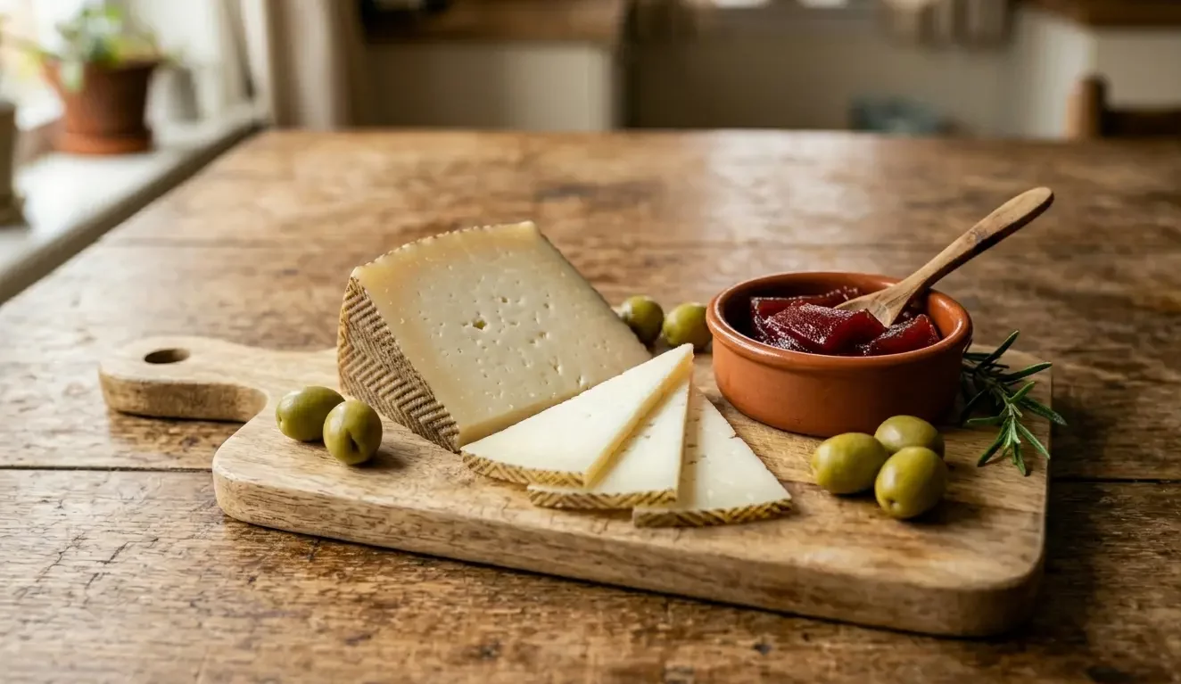 Manchego Käse als Tapa serviert mit Membrillo und Rotwein