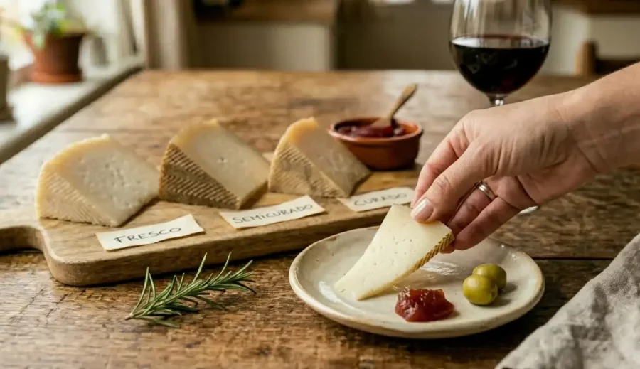 Manchego Käse als Tapa serviert mit Membrillo und Rotwein