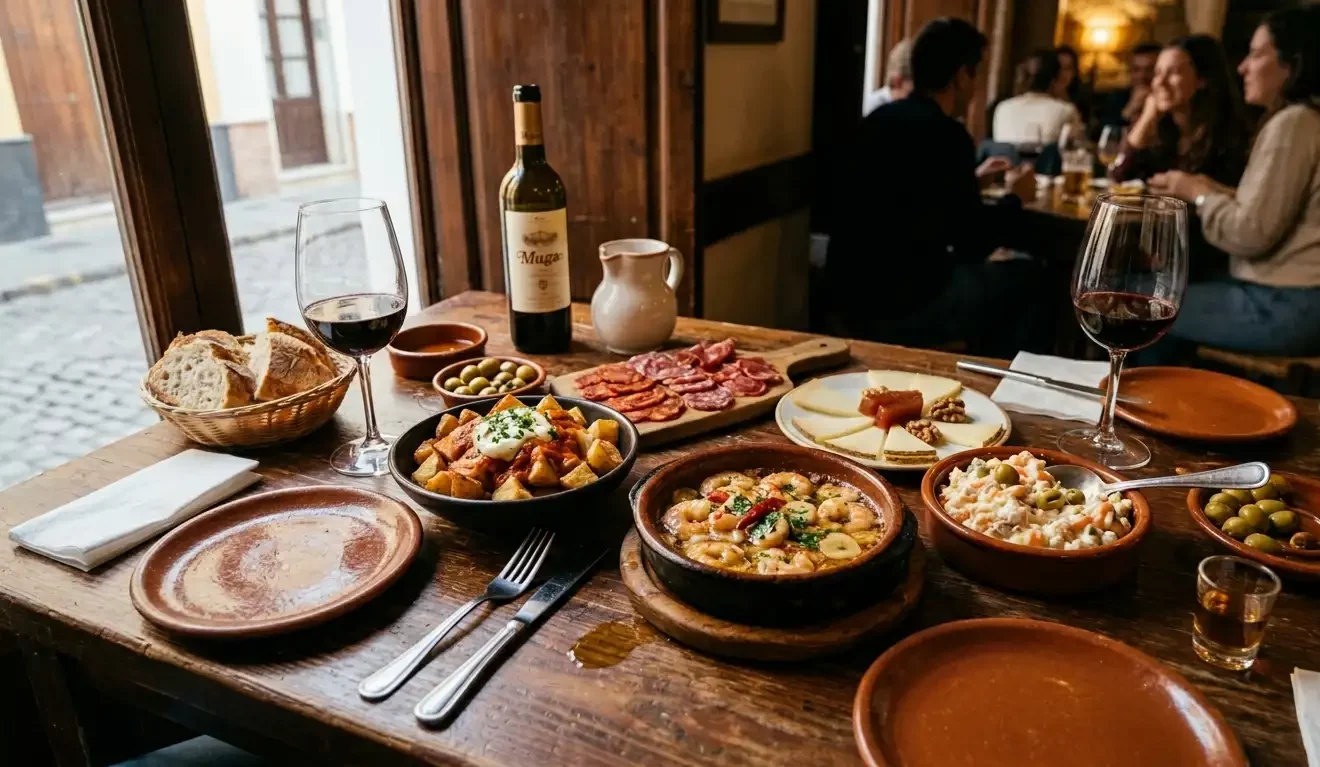 Spanische Tapas Rezepte – verschiedene Tapas auf einem Holztisch für einen echten Tapas-Abend