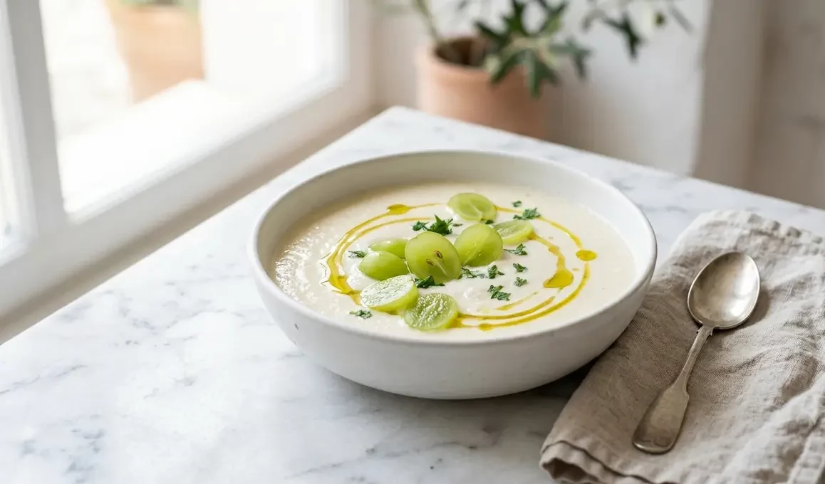 Ajo Blanco Rezept – kalte spanische Mandelsuppe mit Weintrauben in weißer Schüssel