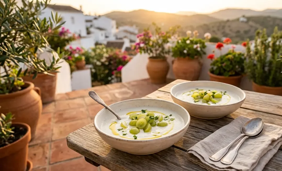 Ajo Blanco serviert mit Weintrauben und Olivenöl – kalte spanische Mandelsuppe aus Málaga