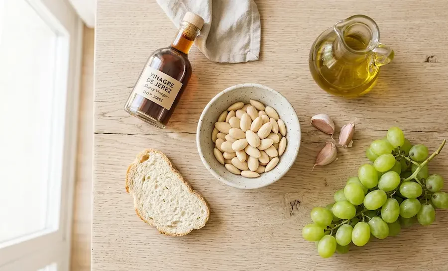 Zutaten für Ajo Blanco Rezept – Mandeln, Weißbrot, Knoblauch, Olivenöl und Weintrauben