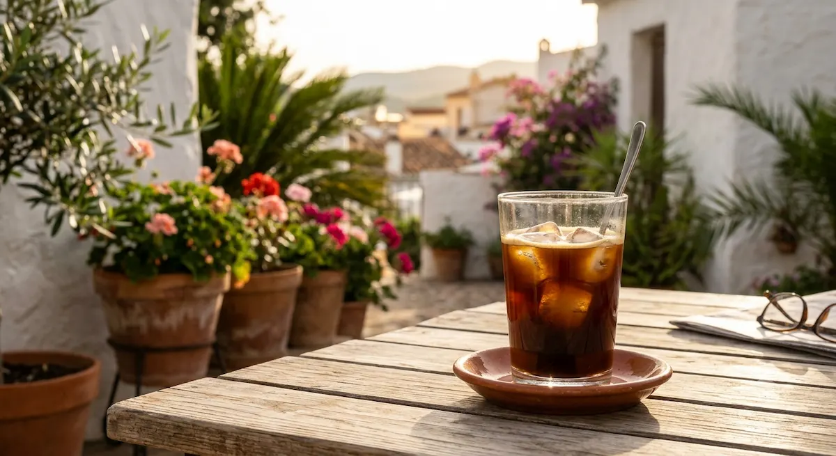 Café con Hielo auf einer spanischen Terrasse im Sommer – spanischer Eiskaffee