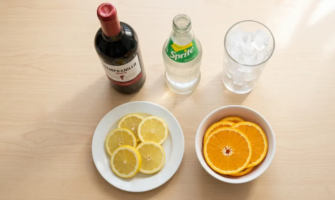 Zutaten für Tinto de Verano selber machen – Rotwein, Zitronenlimonade und Eiswürfel